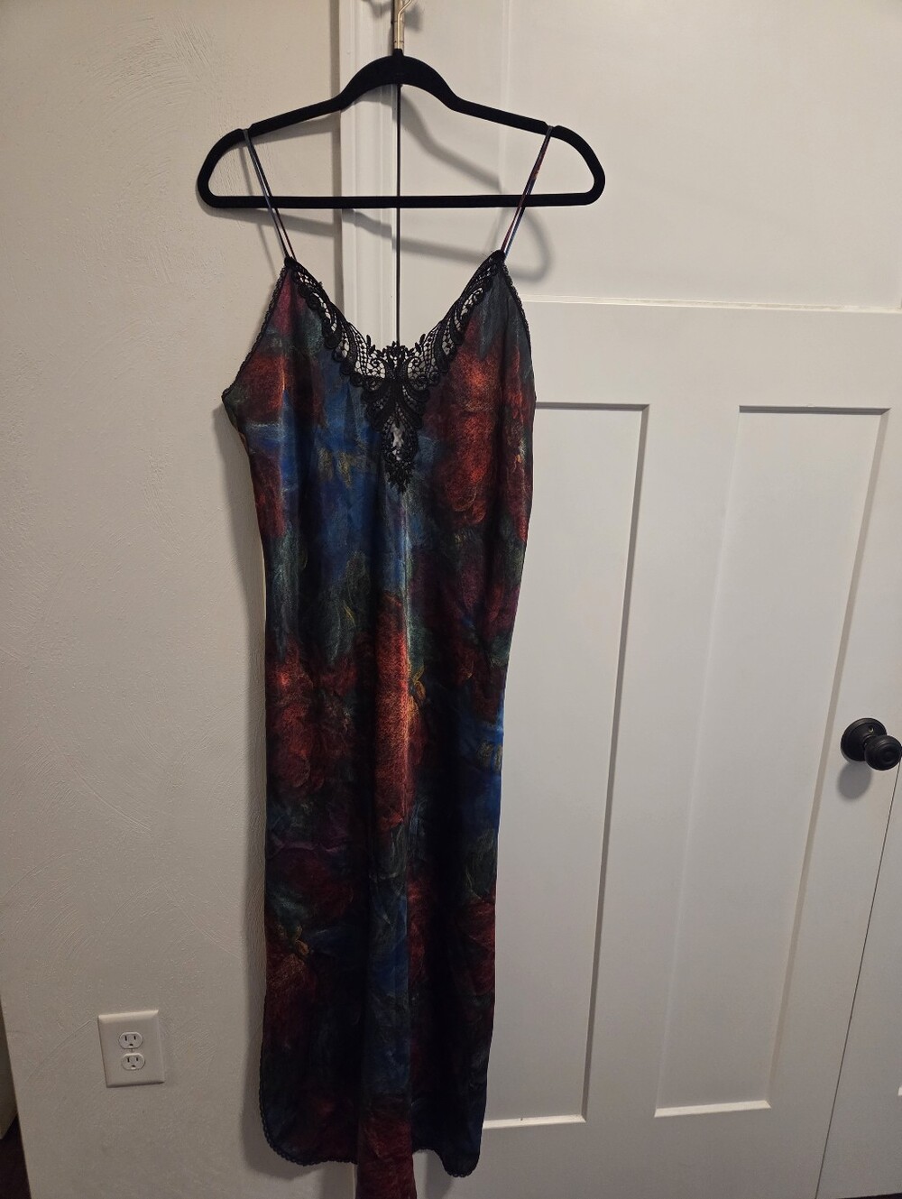 Vintage Multicolor Satin Slip Dress with Lace Trim Size Large